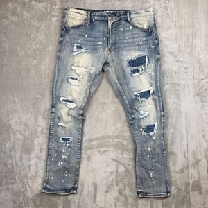 Grindhouse Denim Mens Distressed Paint Splatter Slim Fit Jeans Light Blue Size40